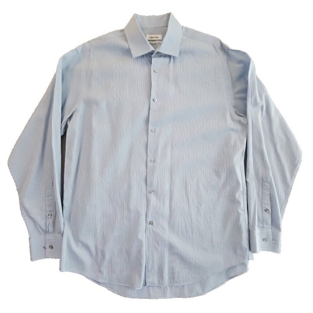 Calvin Klein Pima Cotton Men's Shirt 16 1/2 34/35‎ Blue Stripe Button-Up EUC LN